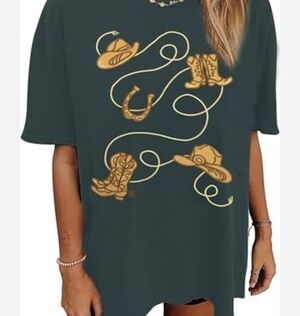 Graphic Western Cowboy Boots & Hats Tee - Dark Teal with Mustard Print